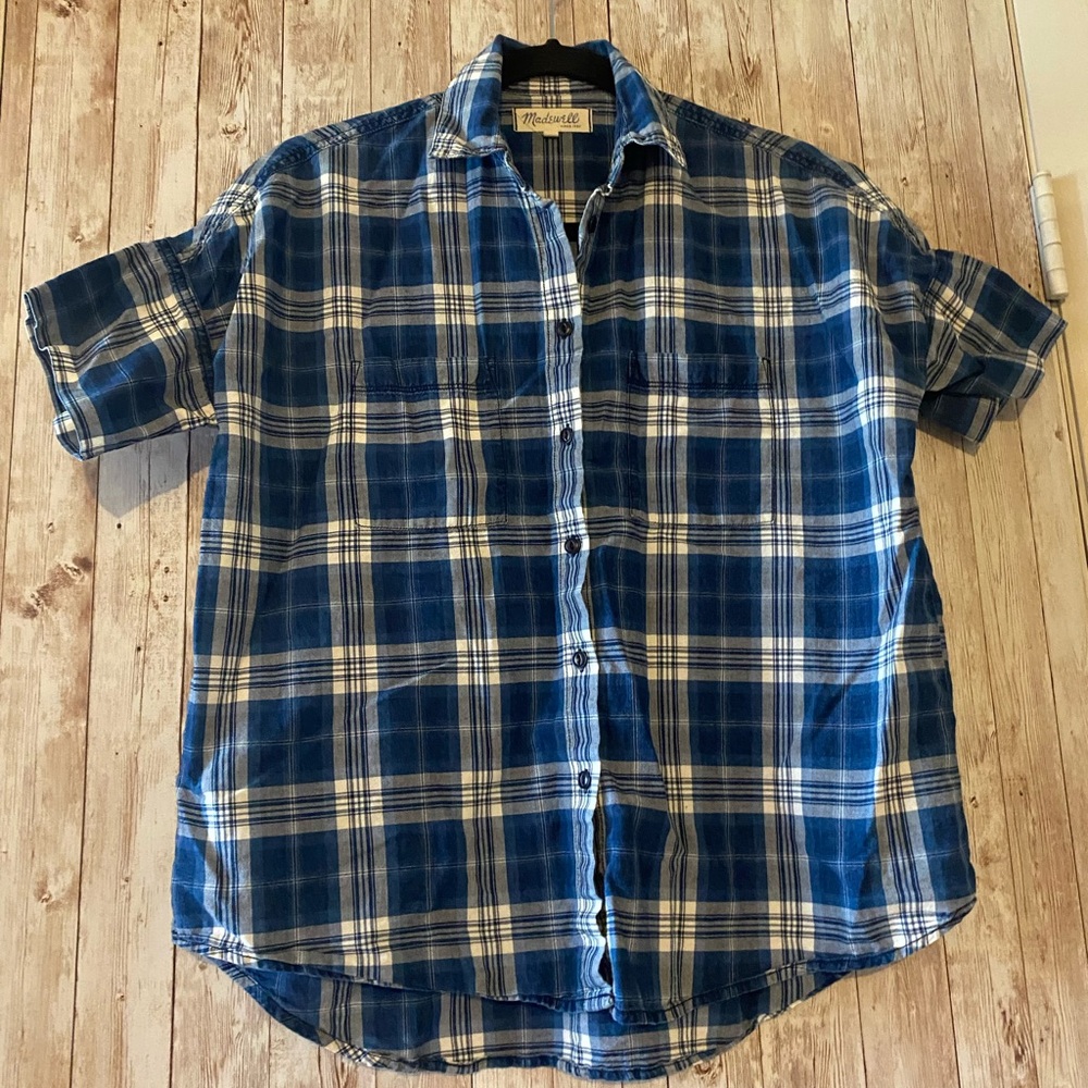 Madewell Blue plaid short sleeve button up shirt women's XS collared